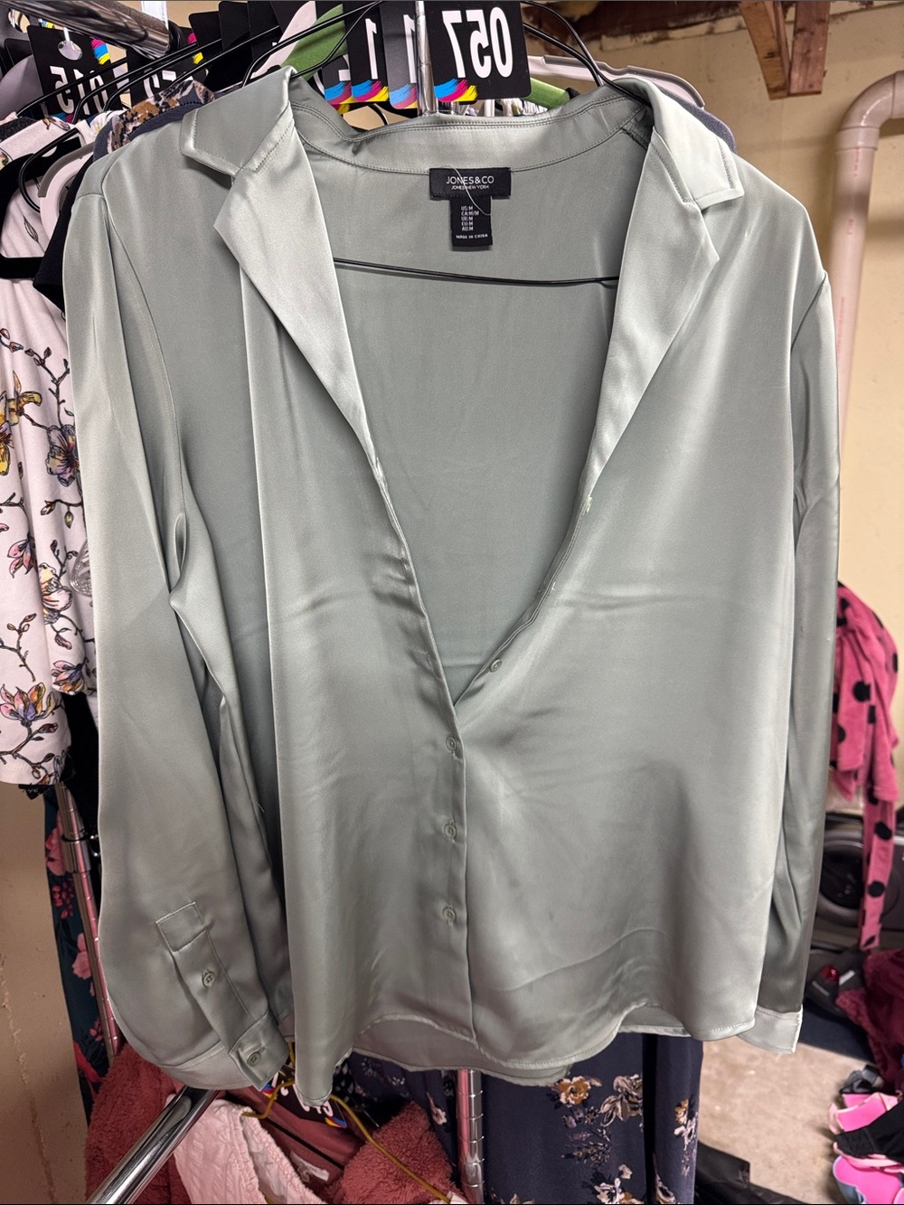 Jones & Co Sage Green Satin Button-Down Blouse